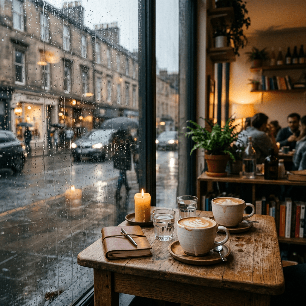 Two cups of coffee on a wooden table with a lit candle, notebook, and rain outside the window