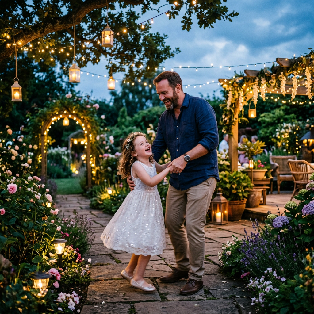 Father and daughter dancing together in illuminated garden at twilight